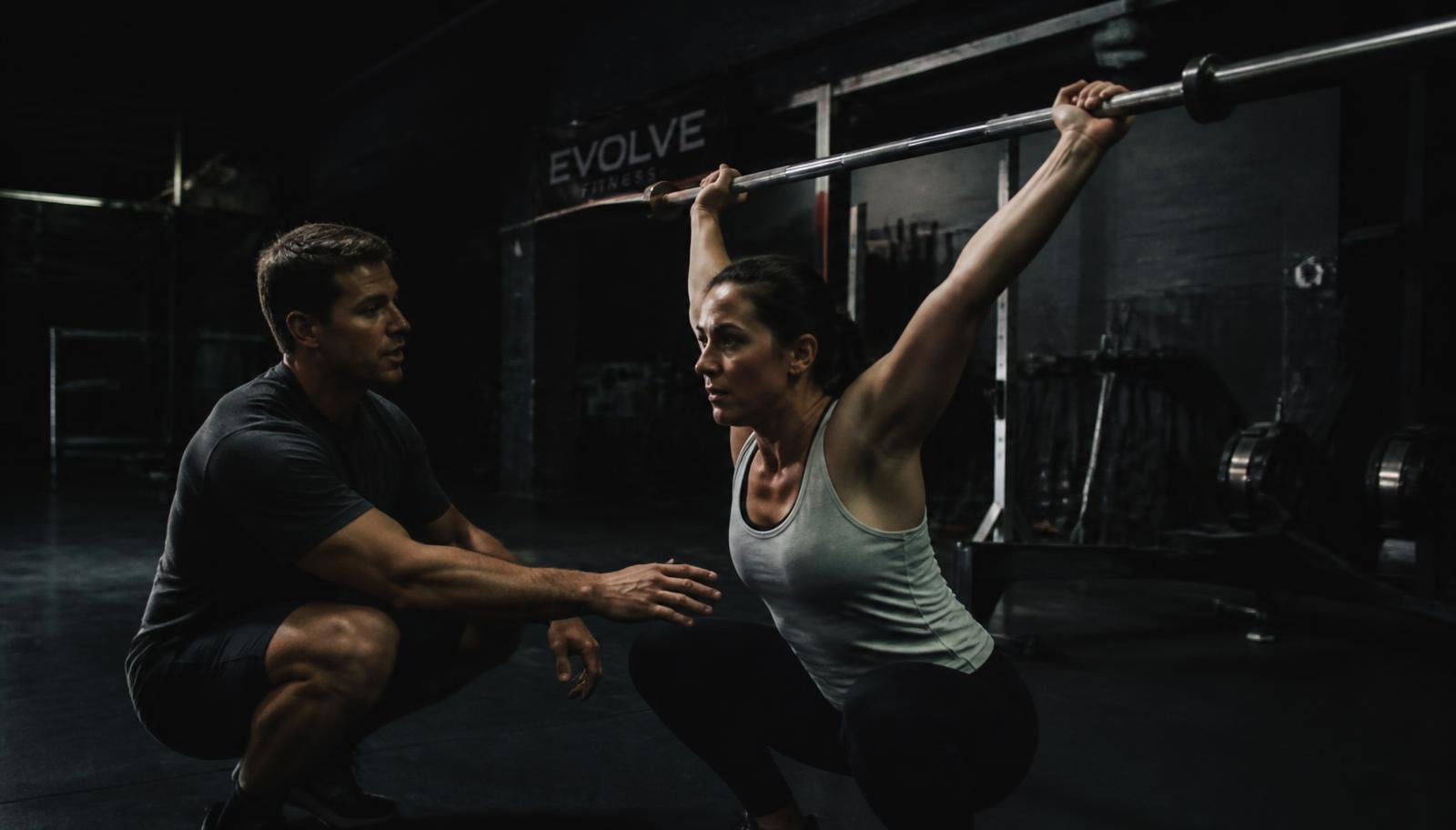 Entrenador corrigiendo la técnica de sentadilla en un gimnasio